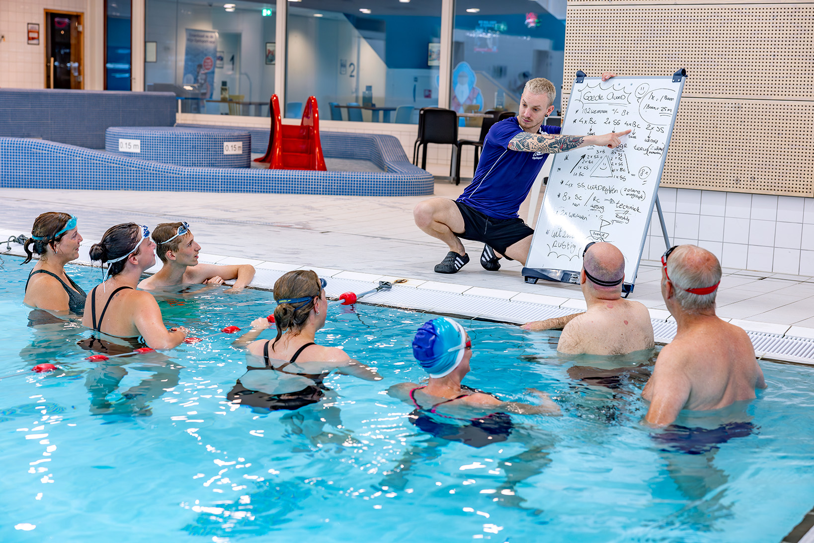 Een gediplomeerde trainer geeft uitleg aan een groep fanatieke zwemmers tijdens Zwemtechniek & Conditie bij Optisport